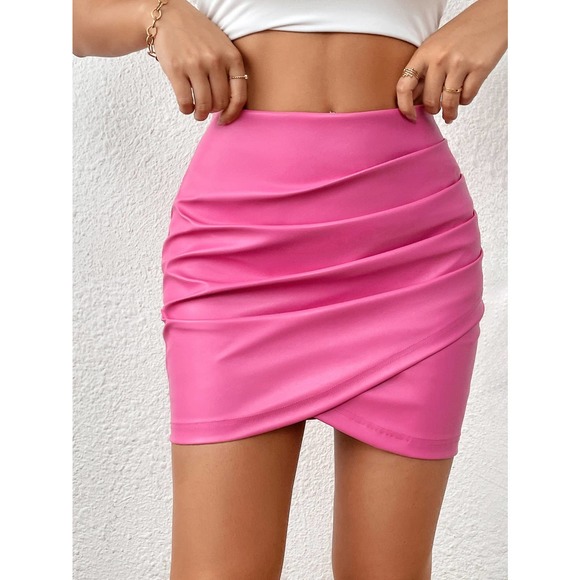 Dresses & Skirts - Ruched Wrap Hem vegan leather Skirt hot pink